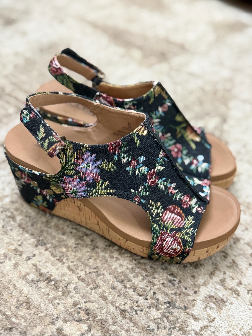 Corkys Black Floral Wedge Sandals with Cork Platform
